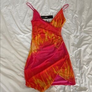 Fashion Nova Vibrant Pink and Yellow Asymmetrical Dress
